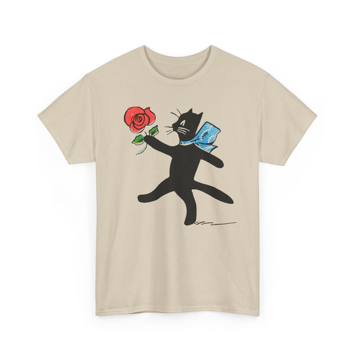 early 1900s french illustration of black cat with flower reproduction tshirt