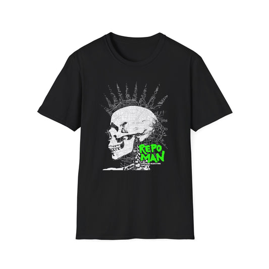 repo man skull punk in black and white with green letters tshirt