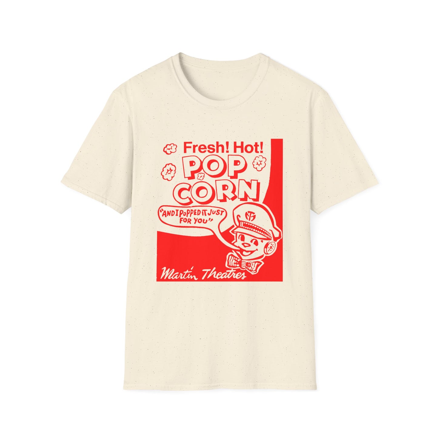 1940s popcorn box logo for martin theatres with a cute little popcorn mascot tshirt