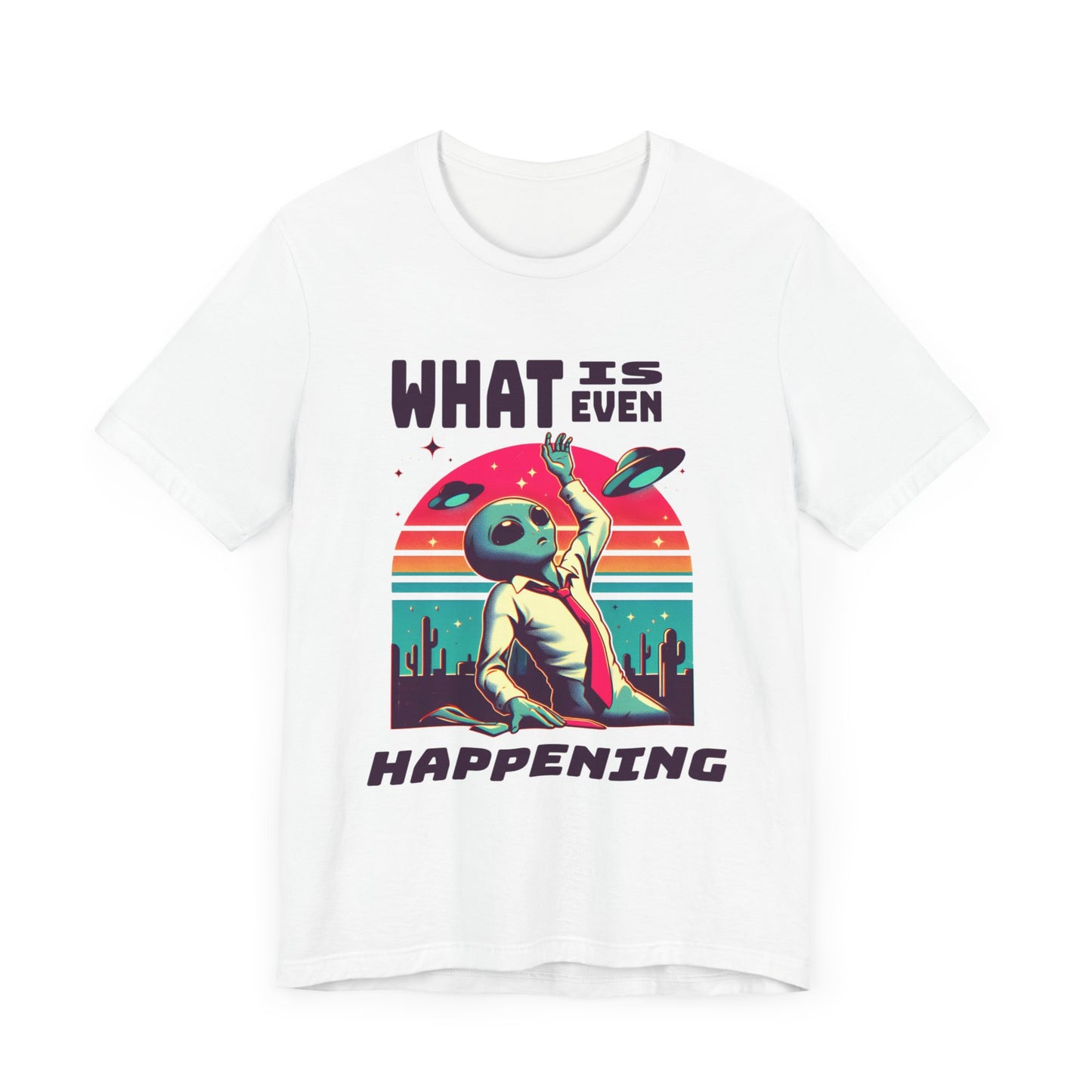 what is even happening floating businessman alien tshirt