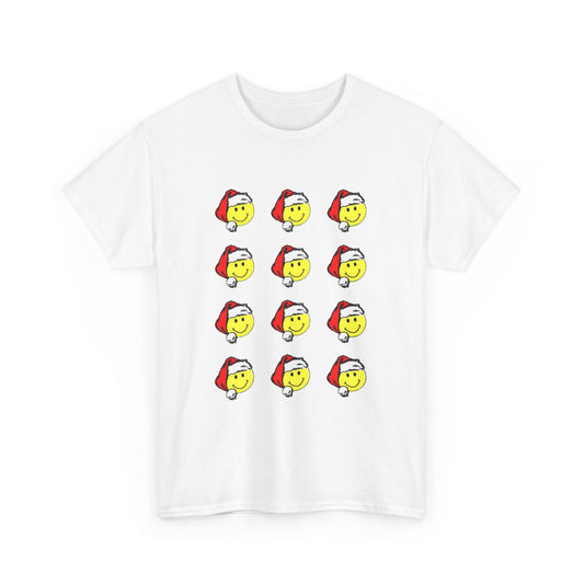 1980s sticker pack of happy face santas on a tshirt