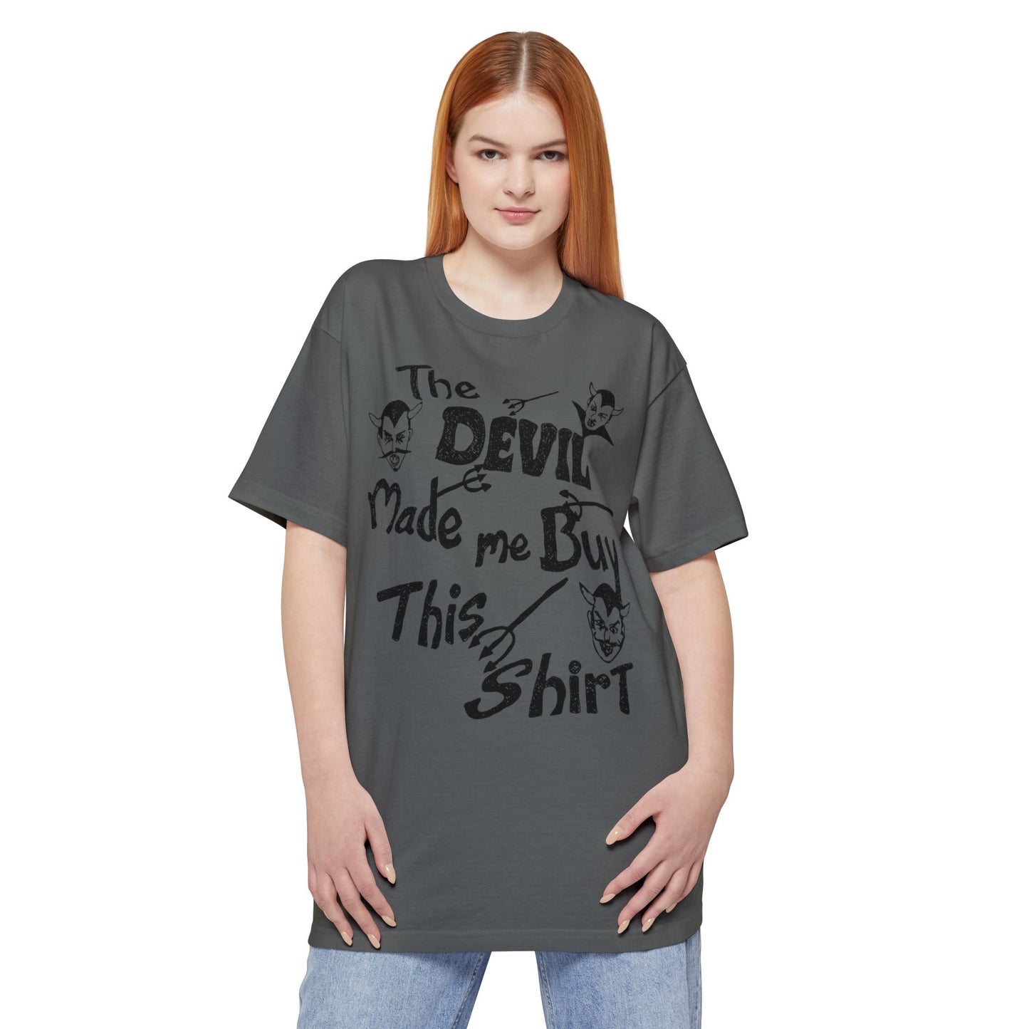 oversized vintage the devil made me buy this shirt custom drawn reproduction unisex tall beefy tshirt