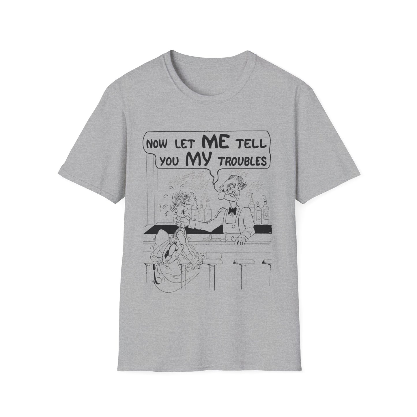 vintage comic "now let me tell you my troubles" bartender tshirt