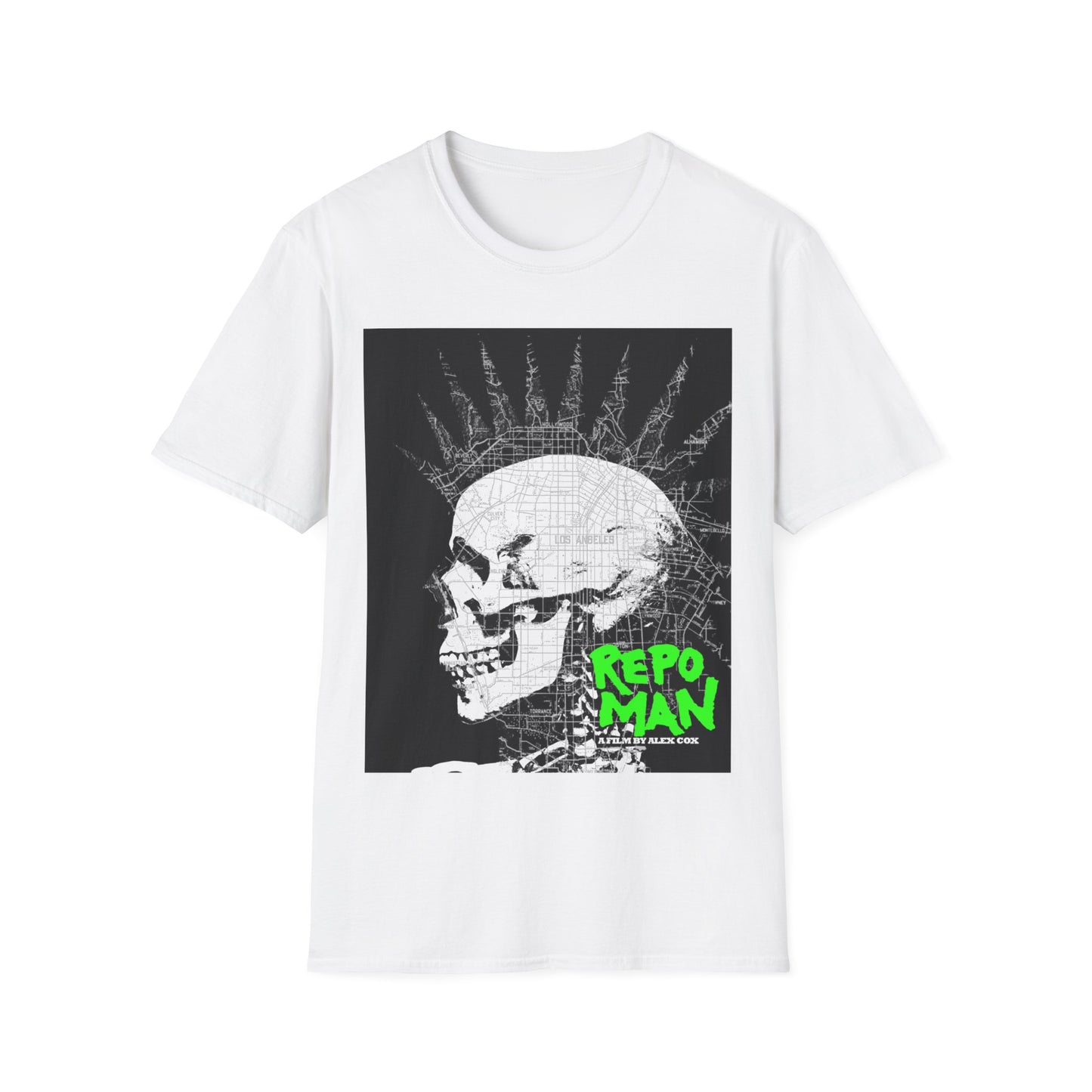 repo man skull punk in black and white with green letters tshirt