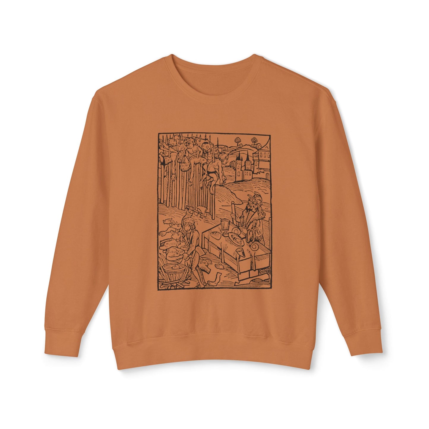 vlad the impaler dining near the mutilated bodies of his victims 1499 german woodcut by ambrosius huber 100% cotton sweatshirt