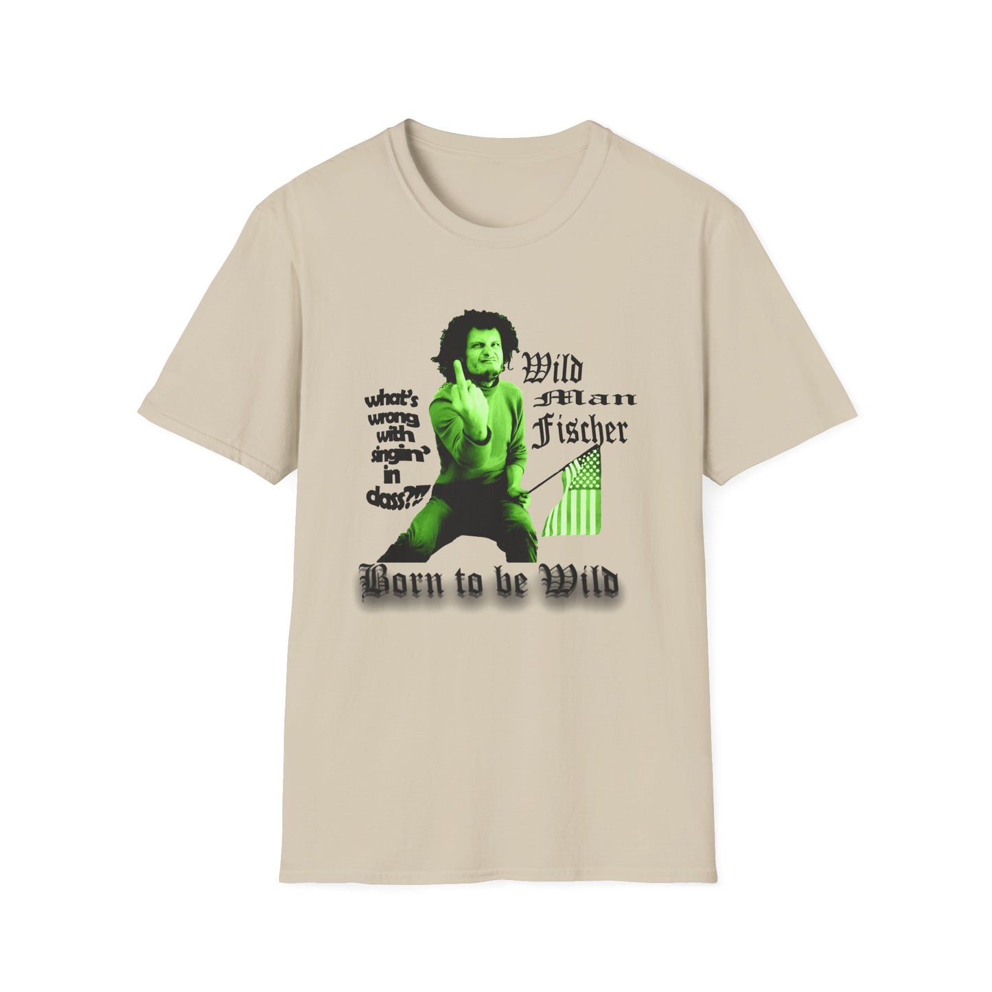 wild man fischer middle finger in green tshirt