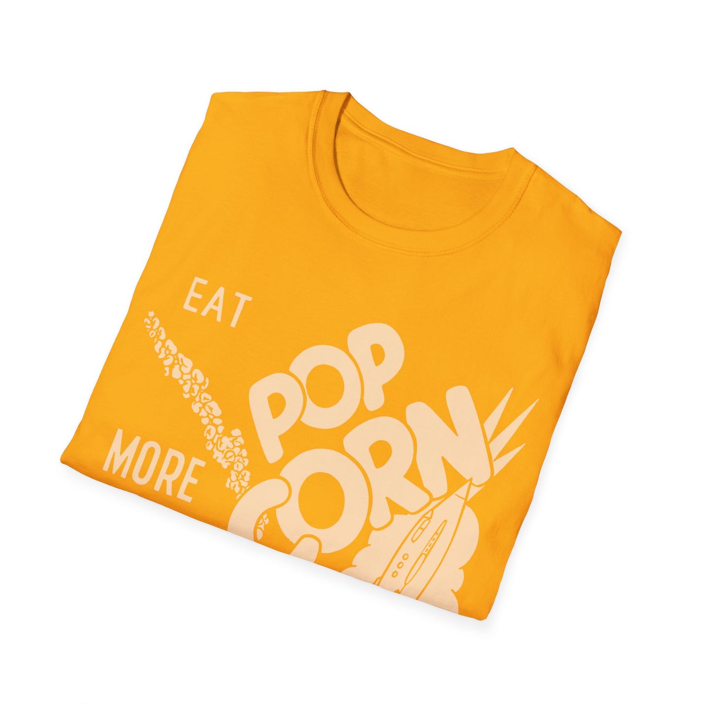 1950s popcorn box logo "eat popcorn more and more and more out of this world!" tshirt