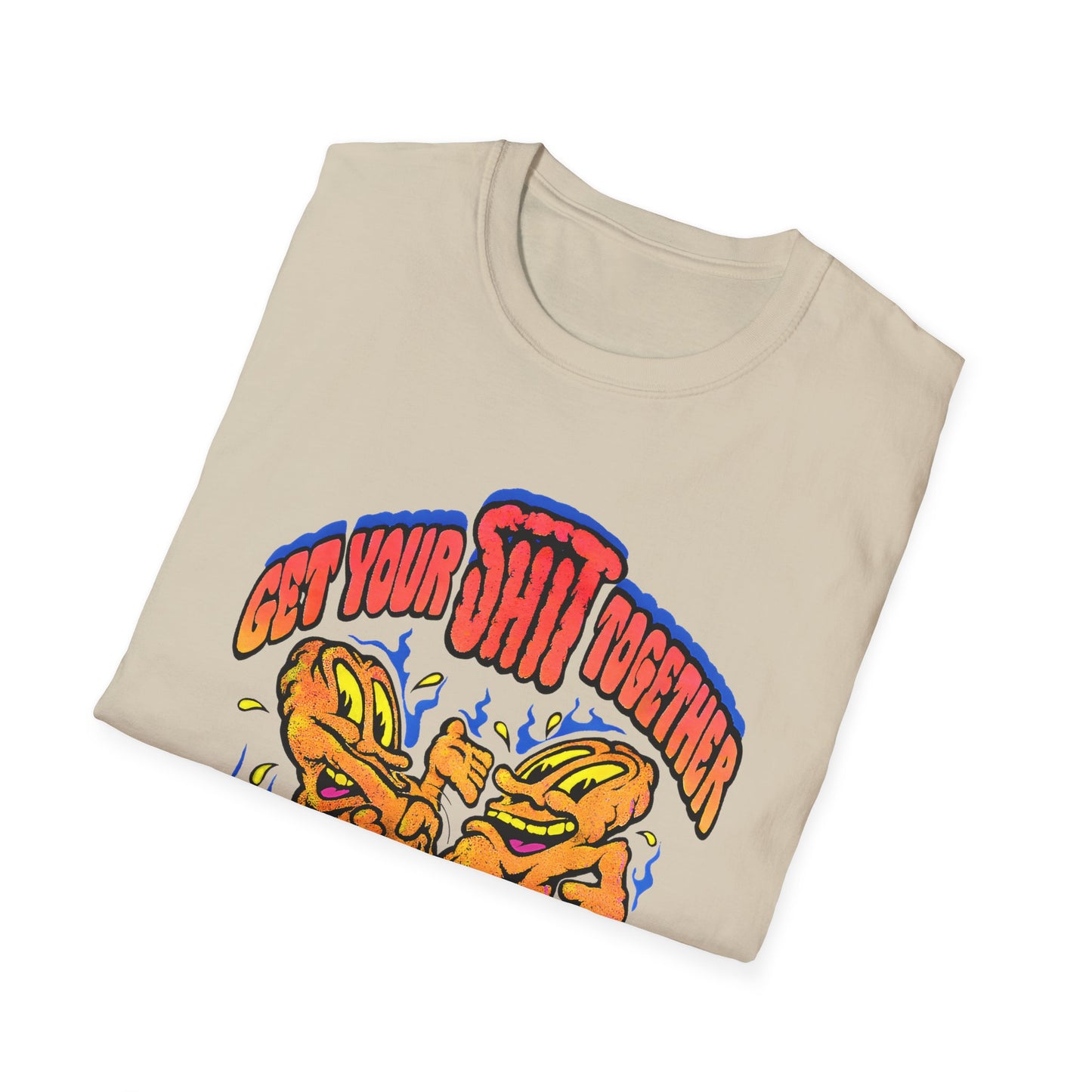 1970s graphic "get your shit together" two shits shaking hands tshirt