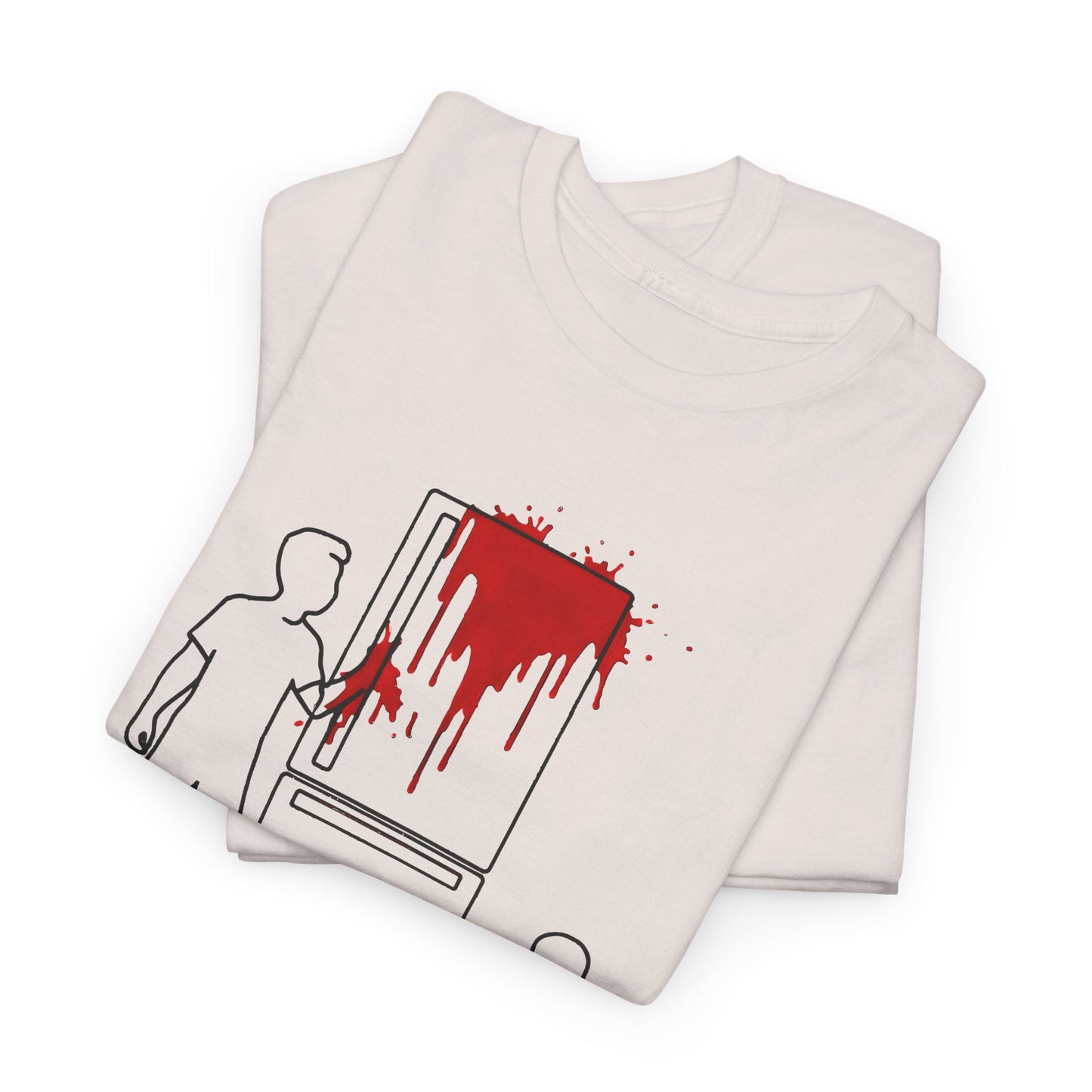 weird kitchen scene with ketchup on a fridge tshirt