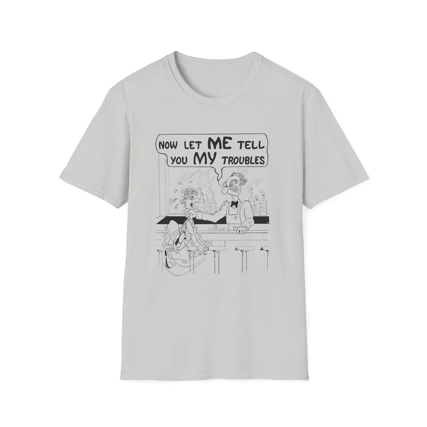 vintage postcard comic now let me tell you my troubles bartender tshirt