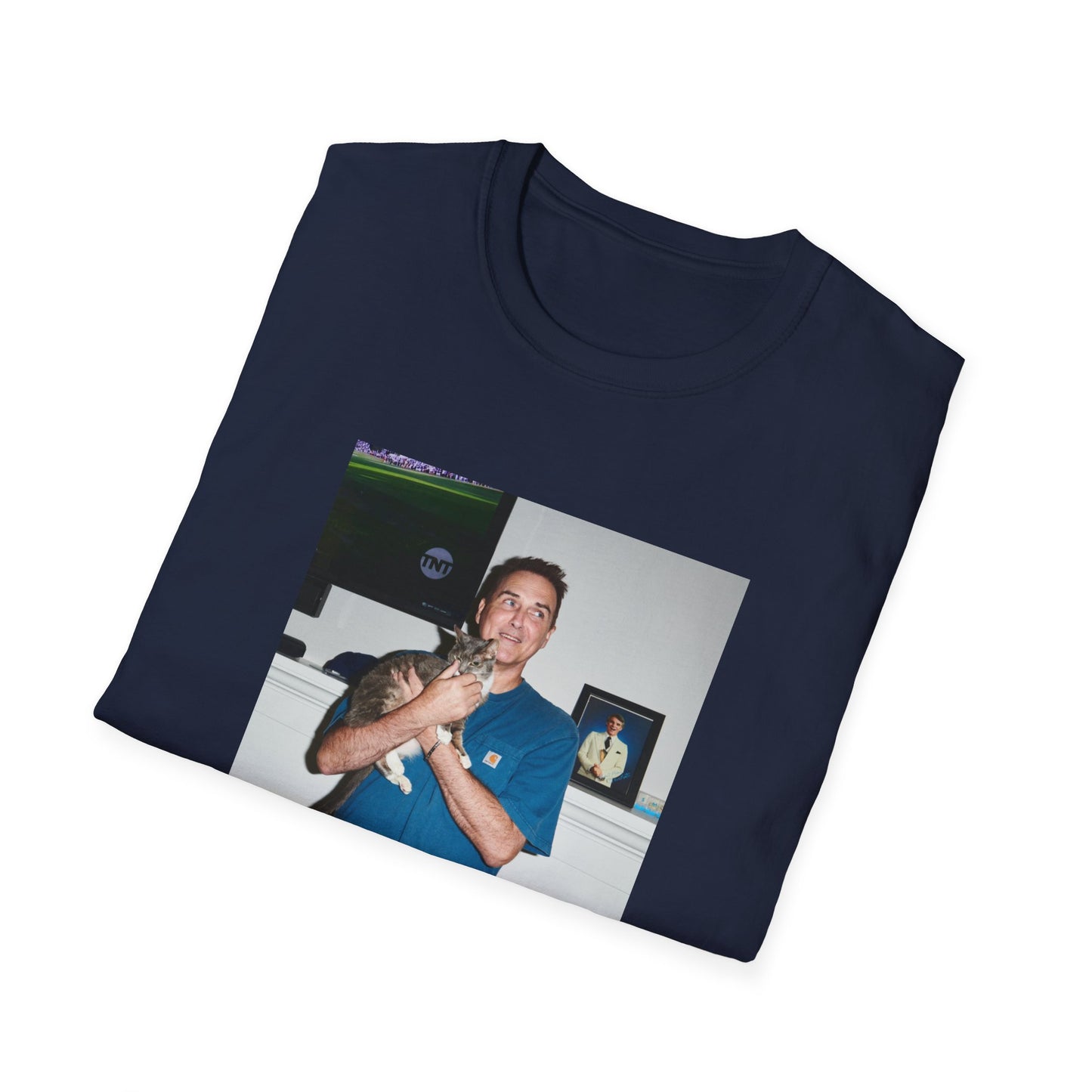 norm macdonald and his cat in front of a framed picture of steve martin close up tshirt