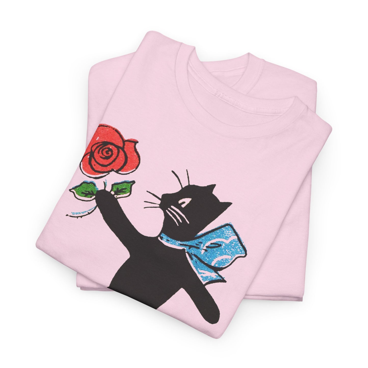early 1900s french illustration of black cat with flower reproduction tshirt