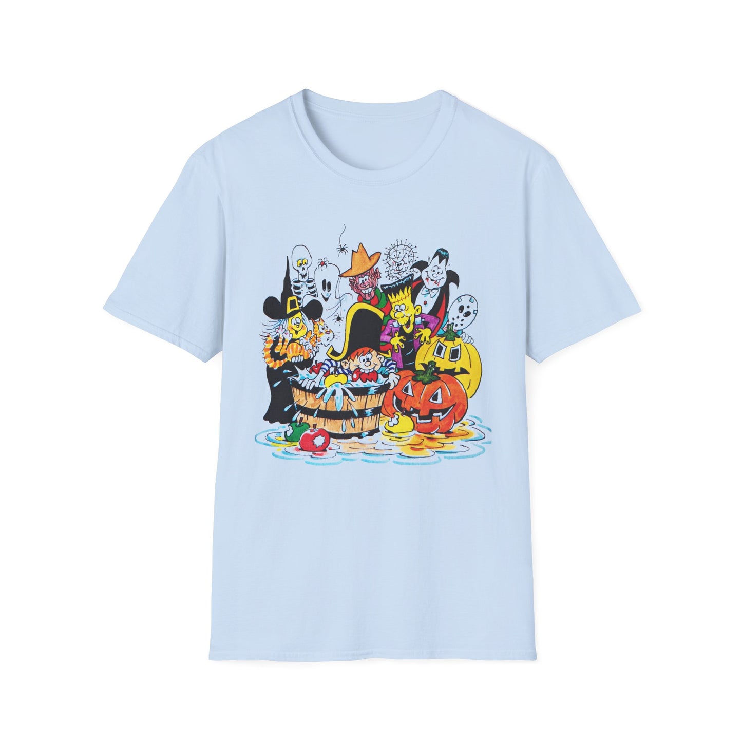 adorable cartoon witches, skeletons, jasons, freddys, and pumpkins halloween tshirt