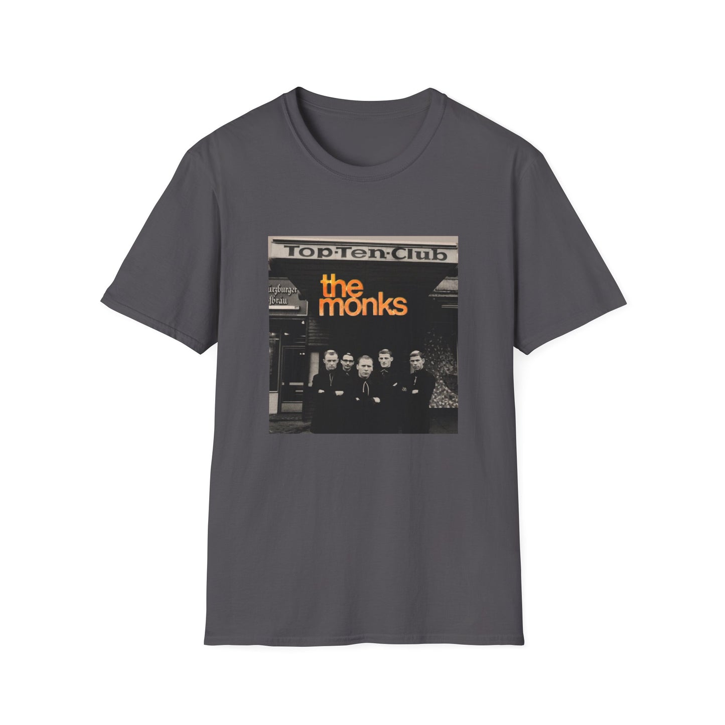 1960s experimental rock n roll band the monks in front of the top ten club tshirt