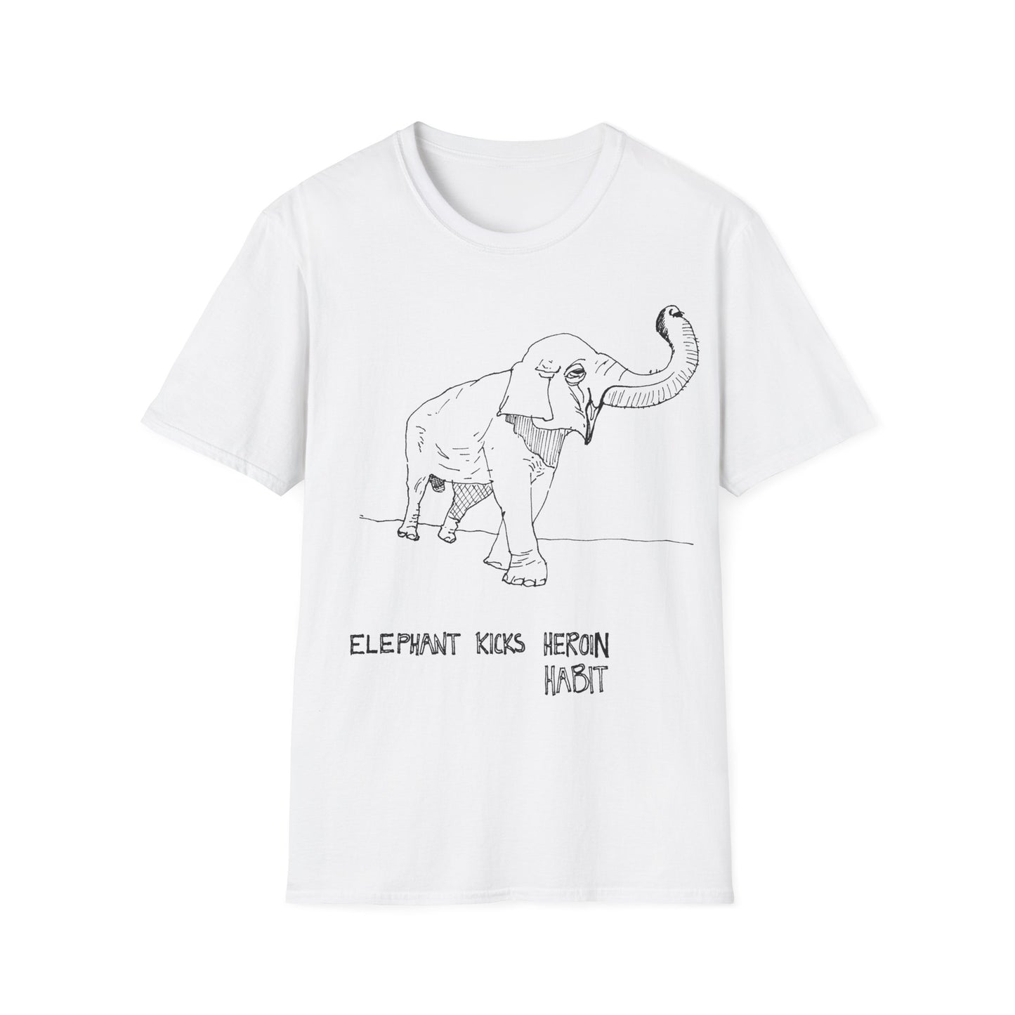 elephant kicks heroin habit original drawing tshirt. reference to xiguang the elephant