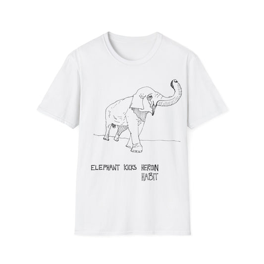 elephant kicks heroin habit original drawing tshirt. reference to xiguang the elephant