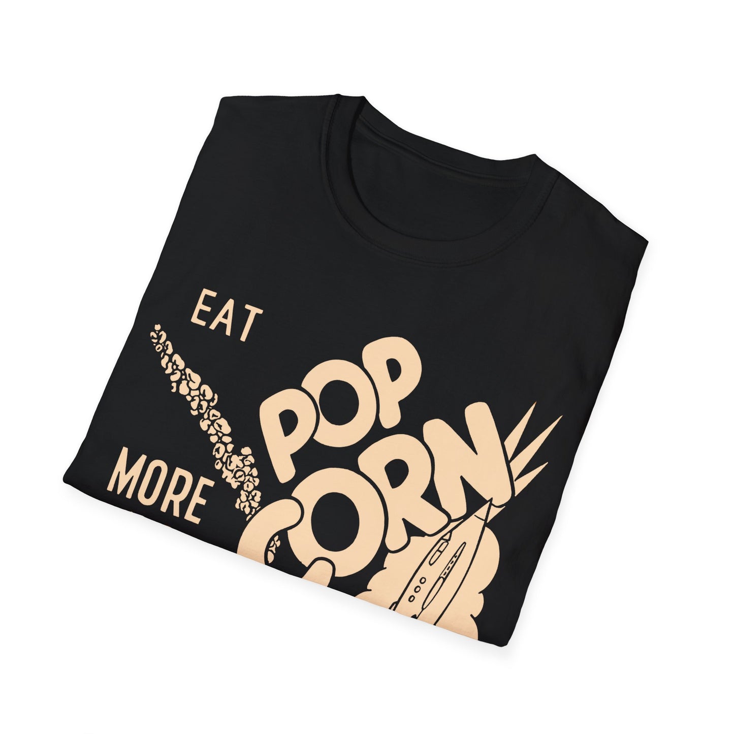 1950s popcorn box logo "eat popcorn more and more and more out of this world!" tshirt