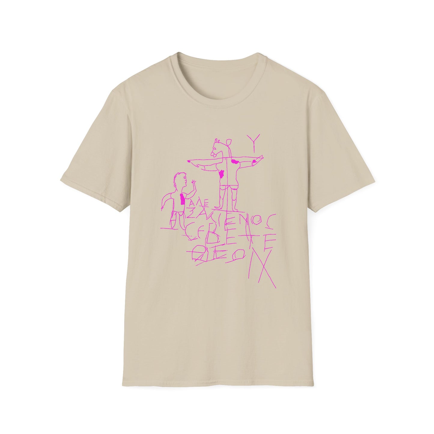alexamenos graffito blasphemous young man worships donkey early graffiti 200 BC in pink tshirt