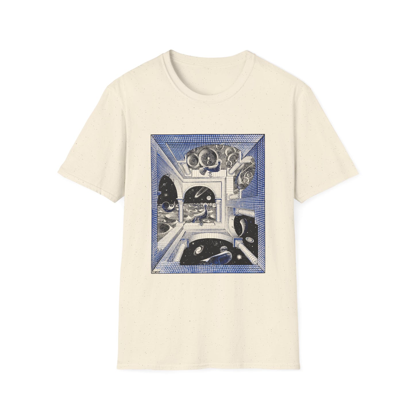 1947 m.c escher another world in blue tshirt