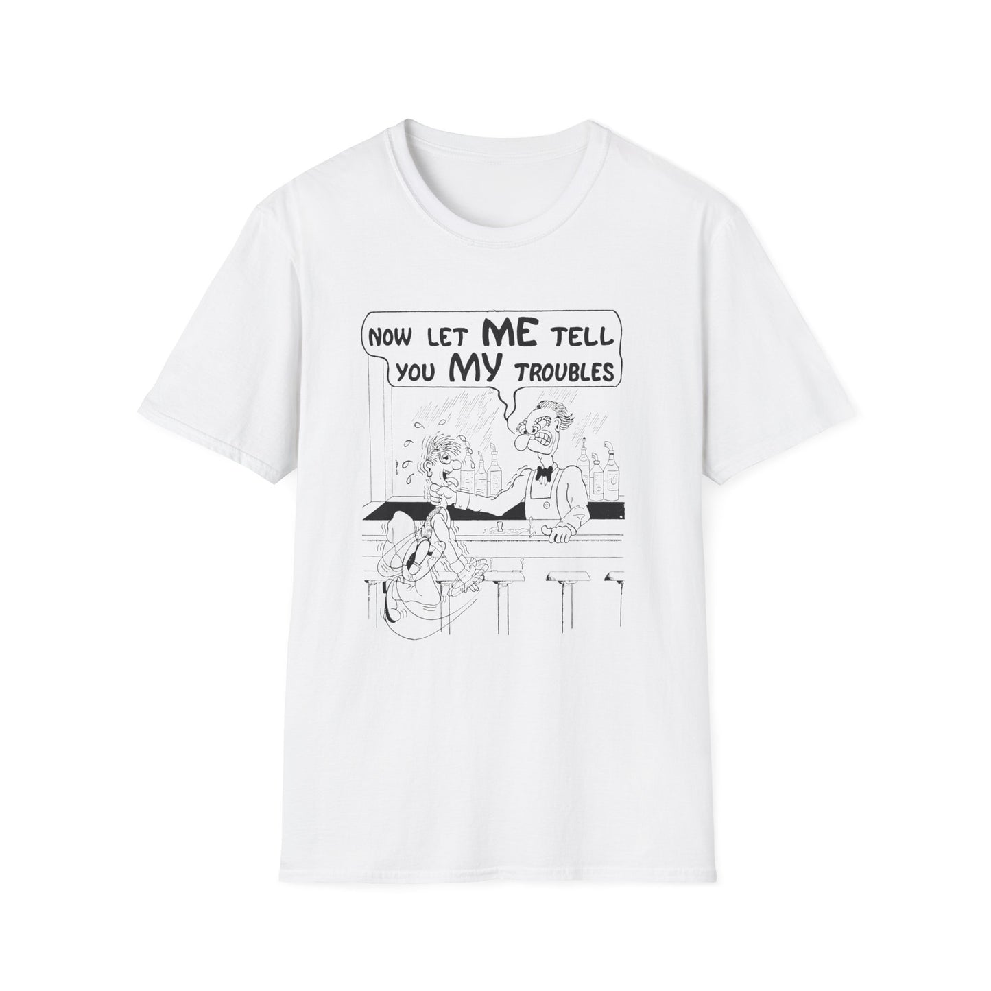 vintage postcard comic now let me tell you my troubles bartender tshirt