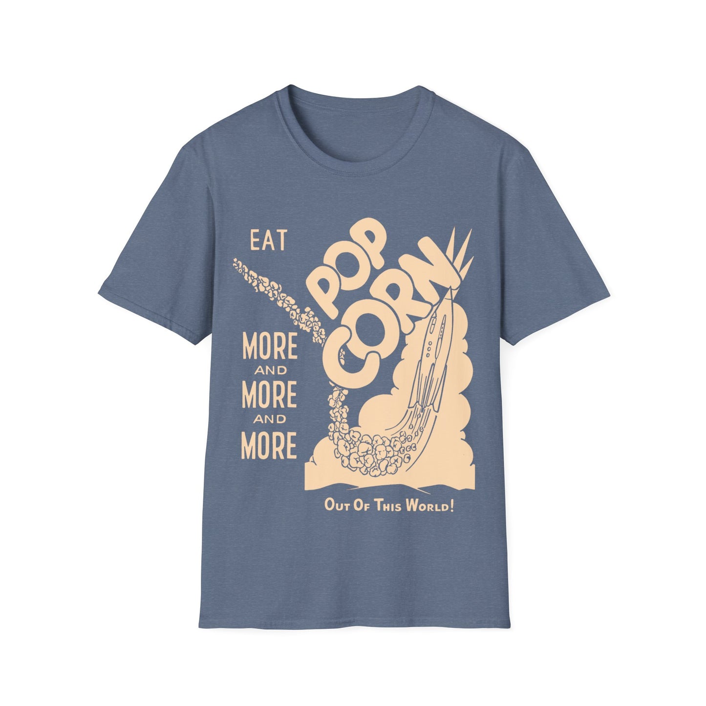 1950s popcorn box logo "eat popcorn more and more and more out of this world!" tshirt