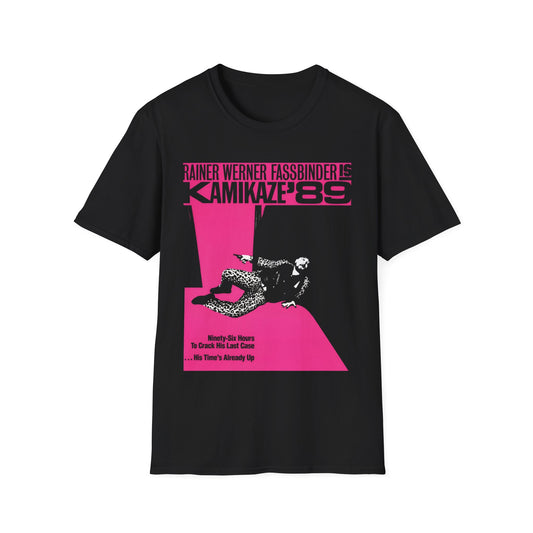 1982 rainer werner fassbinder's "kamikaze '89" movie poster tshirt in pink