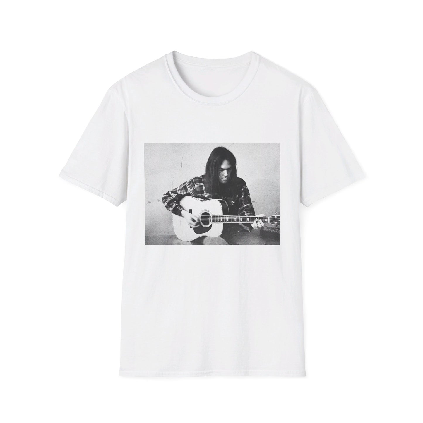 photo of a young neil young playing his acoustic guitar tshirt