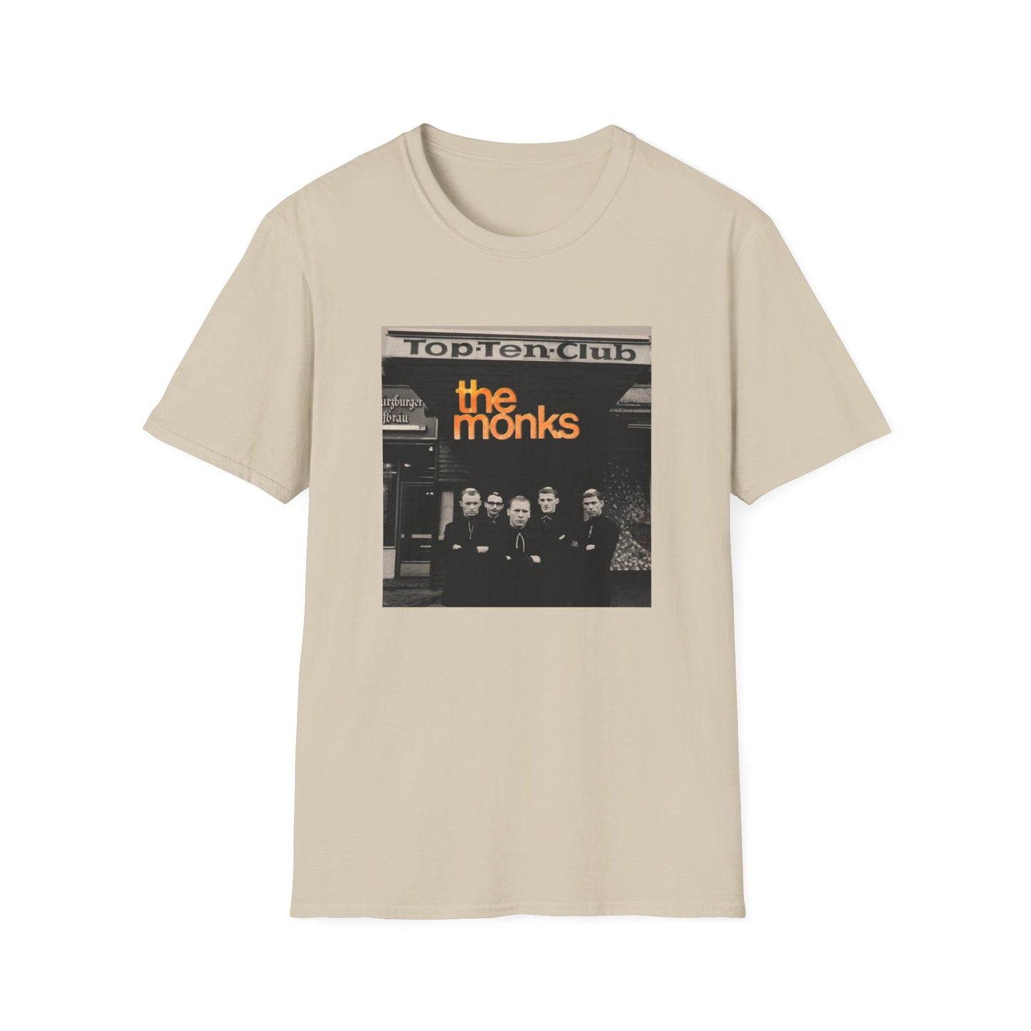 1960s experimental rock n roll band the monks in front of the top ten club tshirt