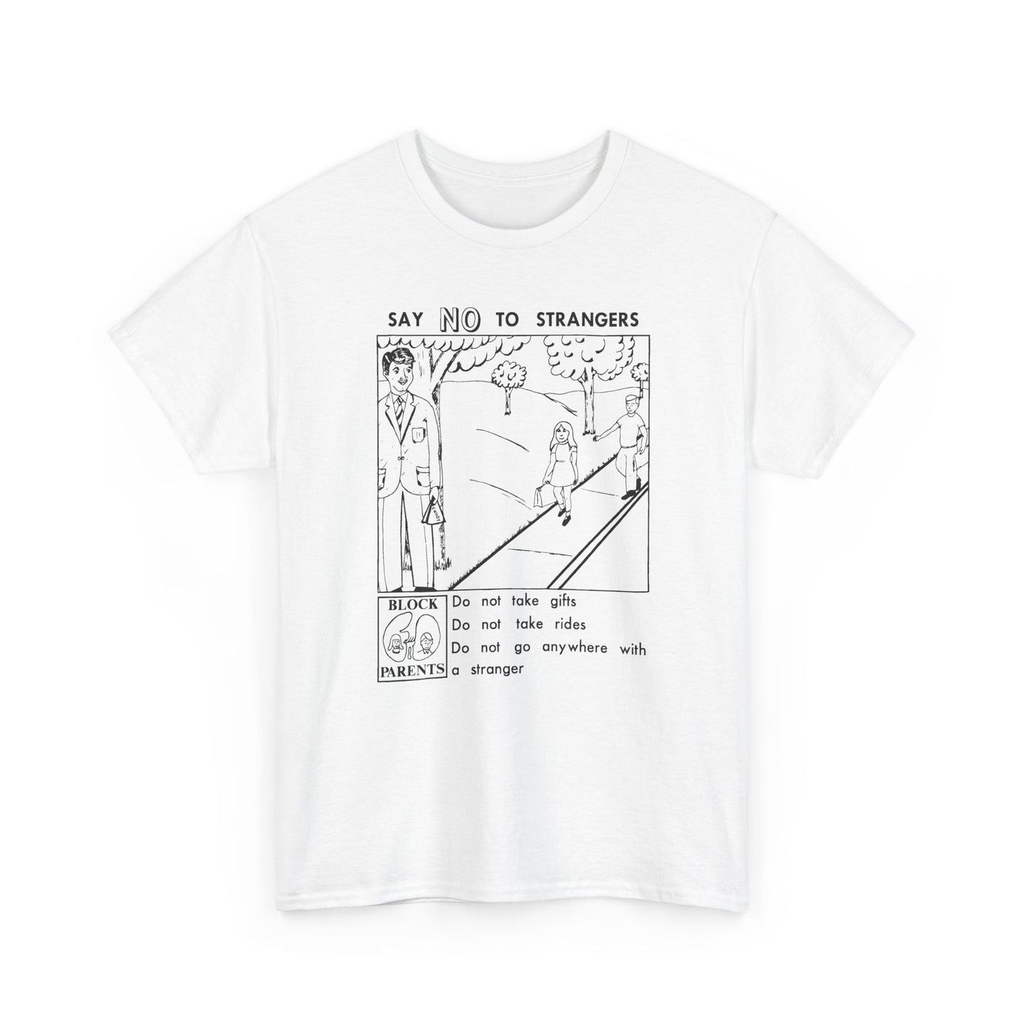 vintage block parents graphic say no to strangers reproduction tshirt