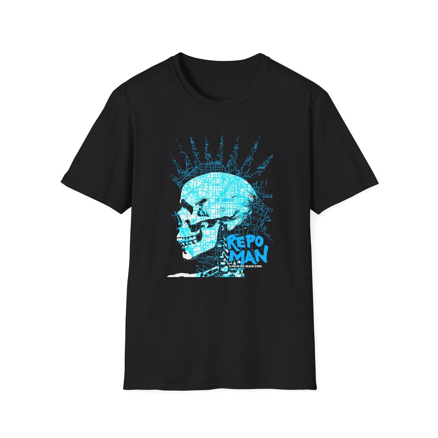 repo man skull punk in blue tshirt