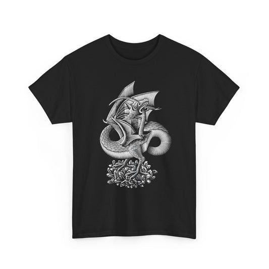 m.c escher 1952 woodcut dragon black and white reproduction tshirt