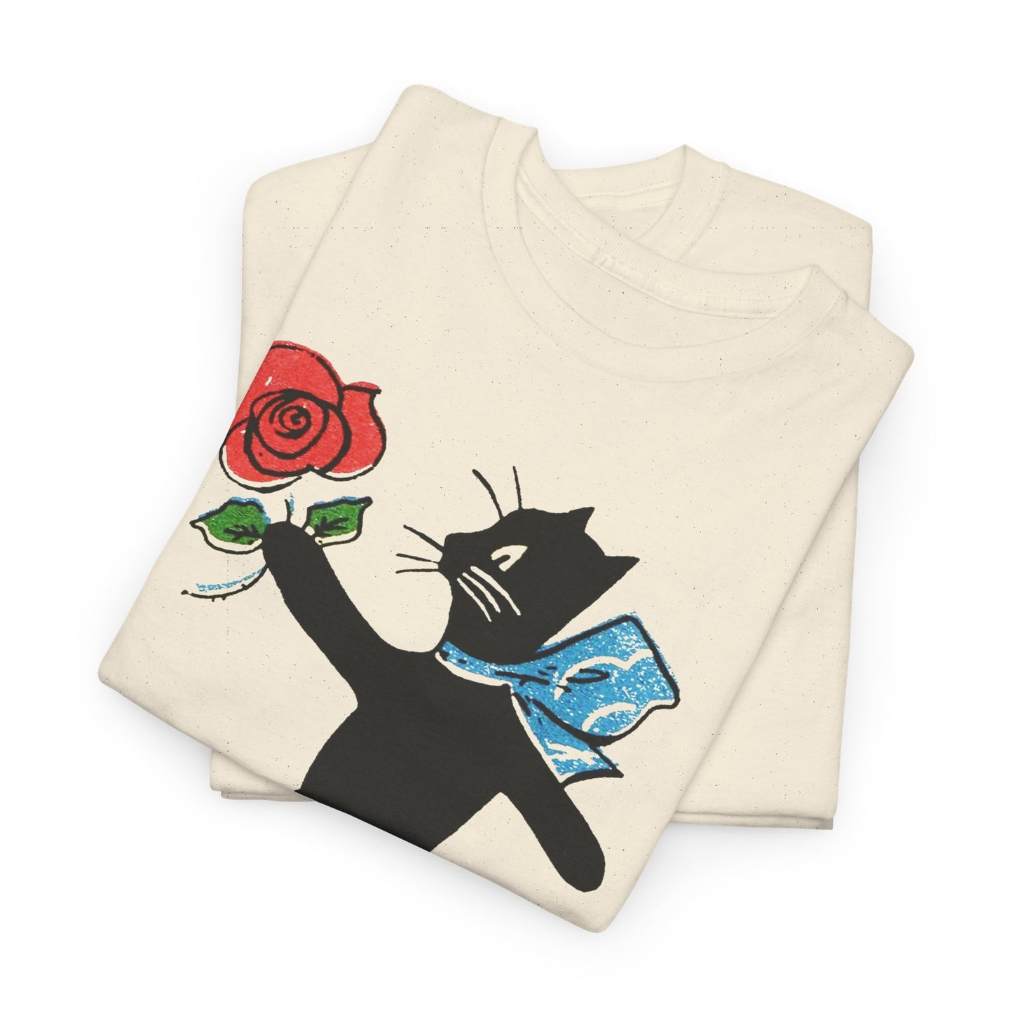 early 1900s french illustration of black cat with flower reproduction tshirt