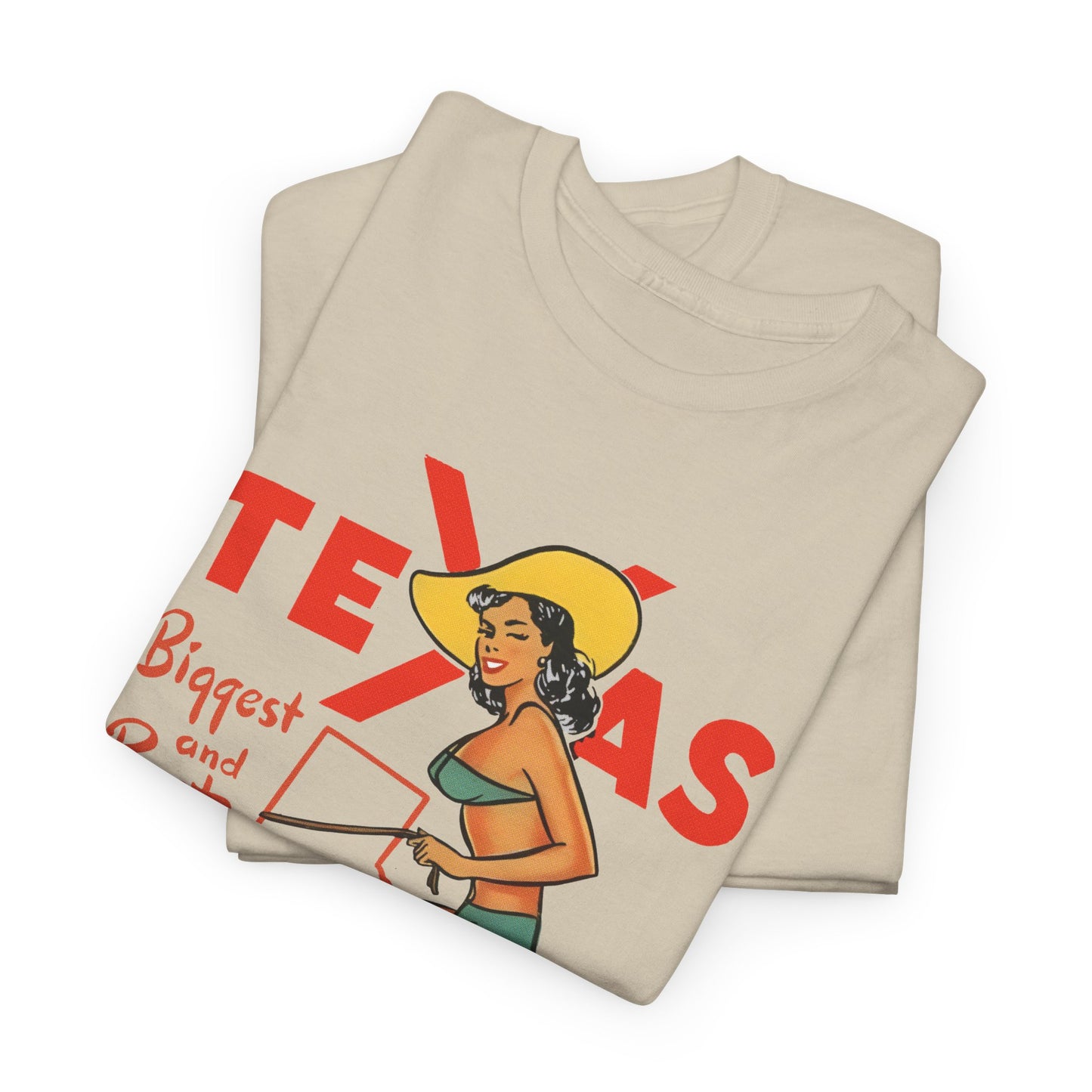 mid twentieth century texas biggest and best cowgirl pin up art reproduction tshirt