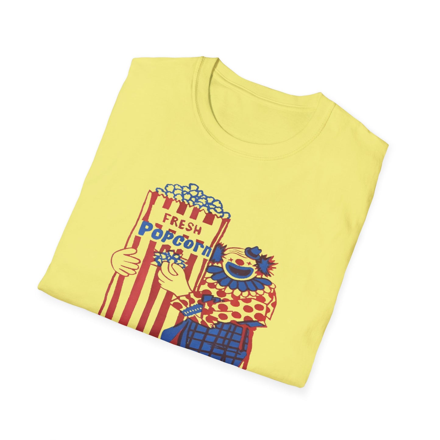 1960s popcorn box logo with a clown mascot tshirt