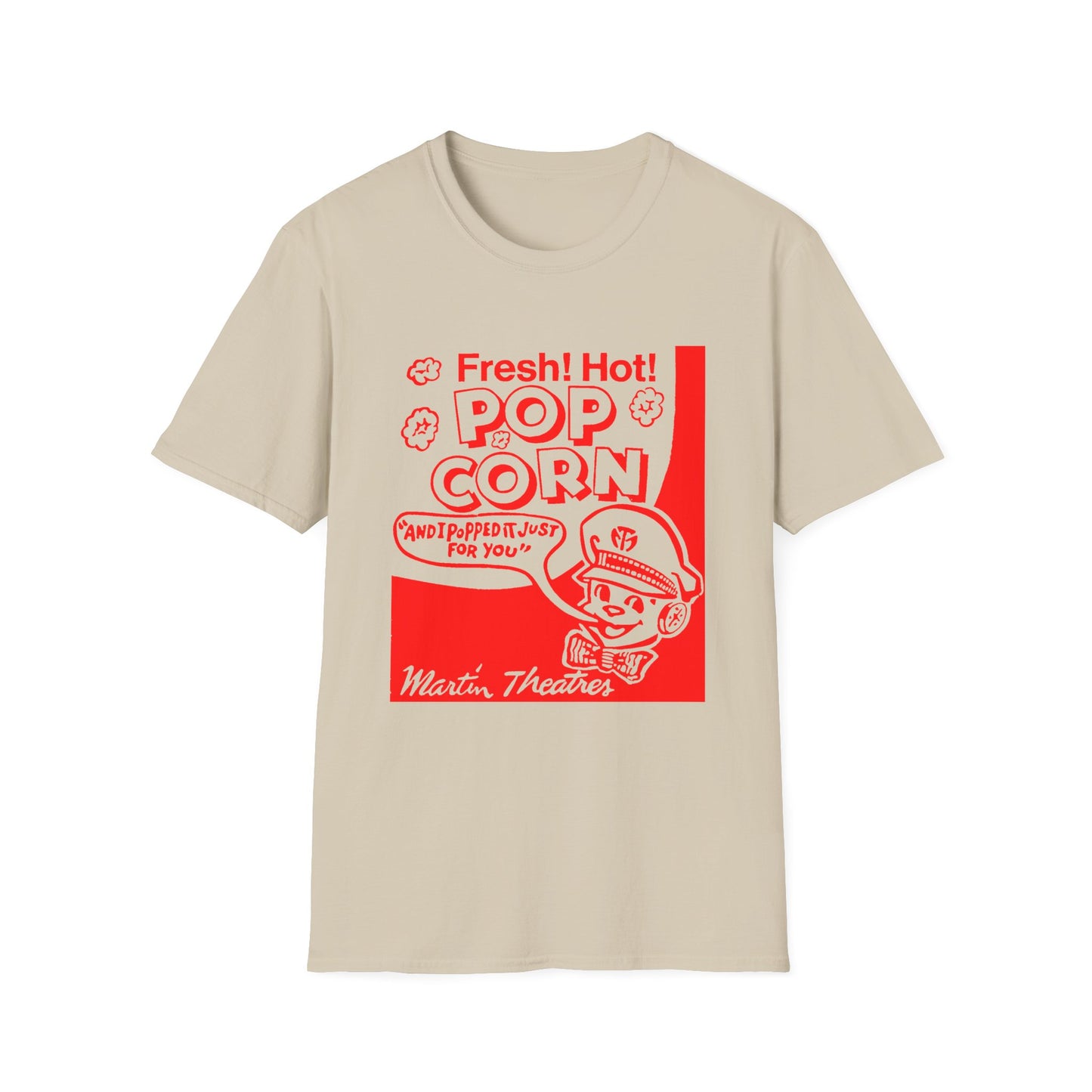1940s popcorn box logo for martin theatres with a cute little popcorn mascot tshirt