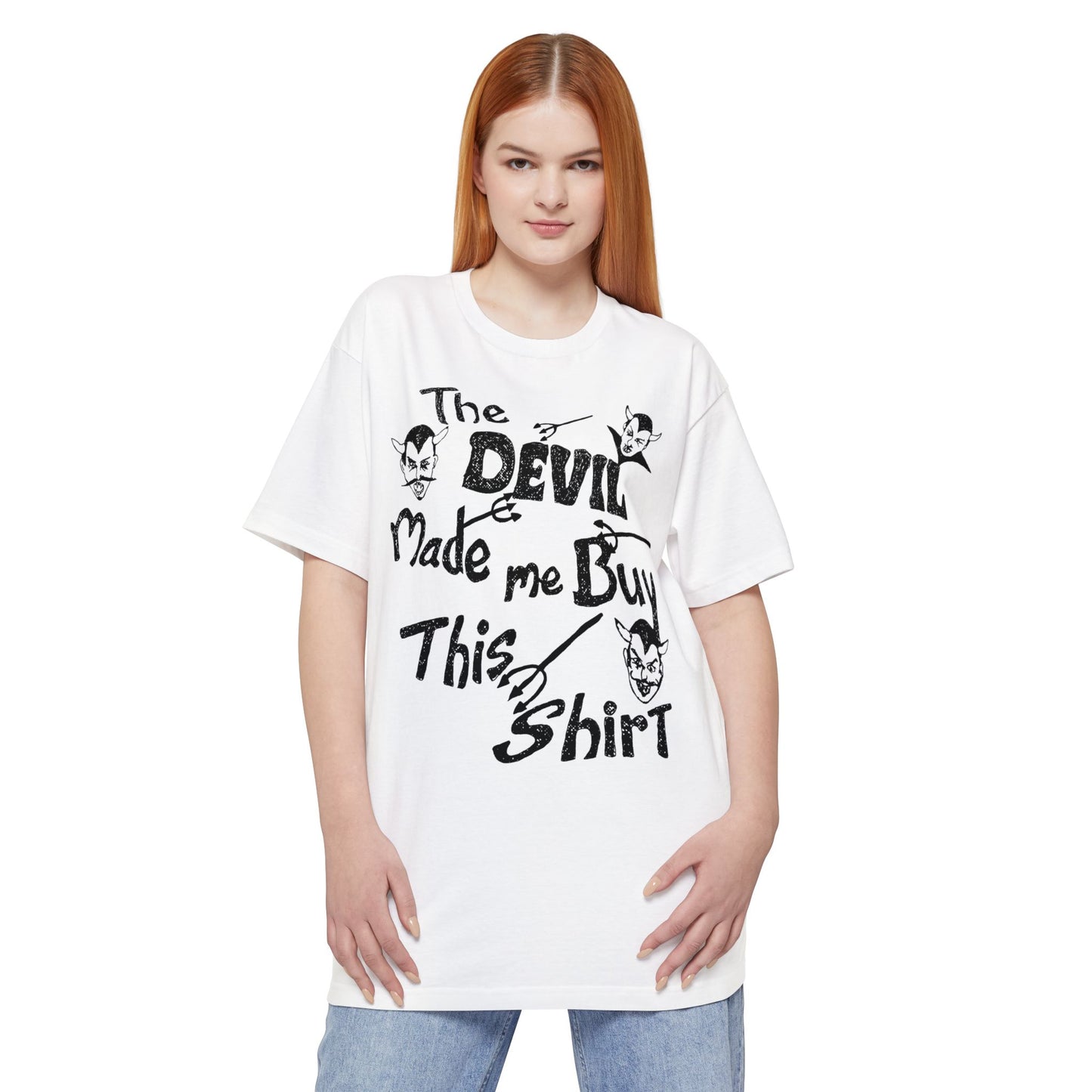 oversized vintage the devil made me buy this shirt custom drawn reproduction unisex tall beefy tshirt