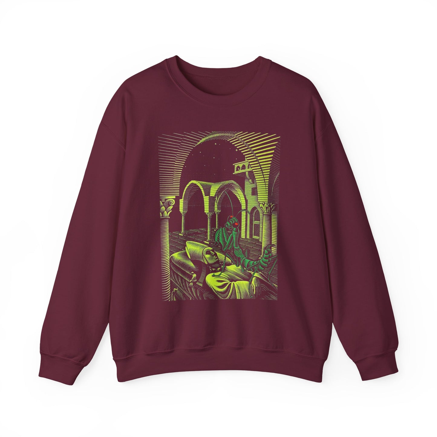 m.c escher dream (mantis religiosa) wood engraving (colorized) gildan 18000 sweatshirt