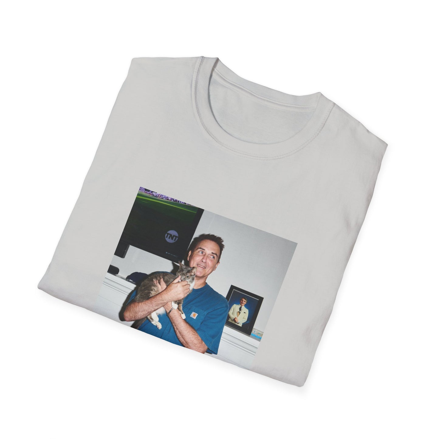 norm macdonald and his cat in front of a framed picture of steve martin close up tshirt
