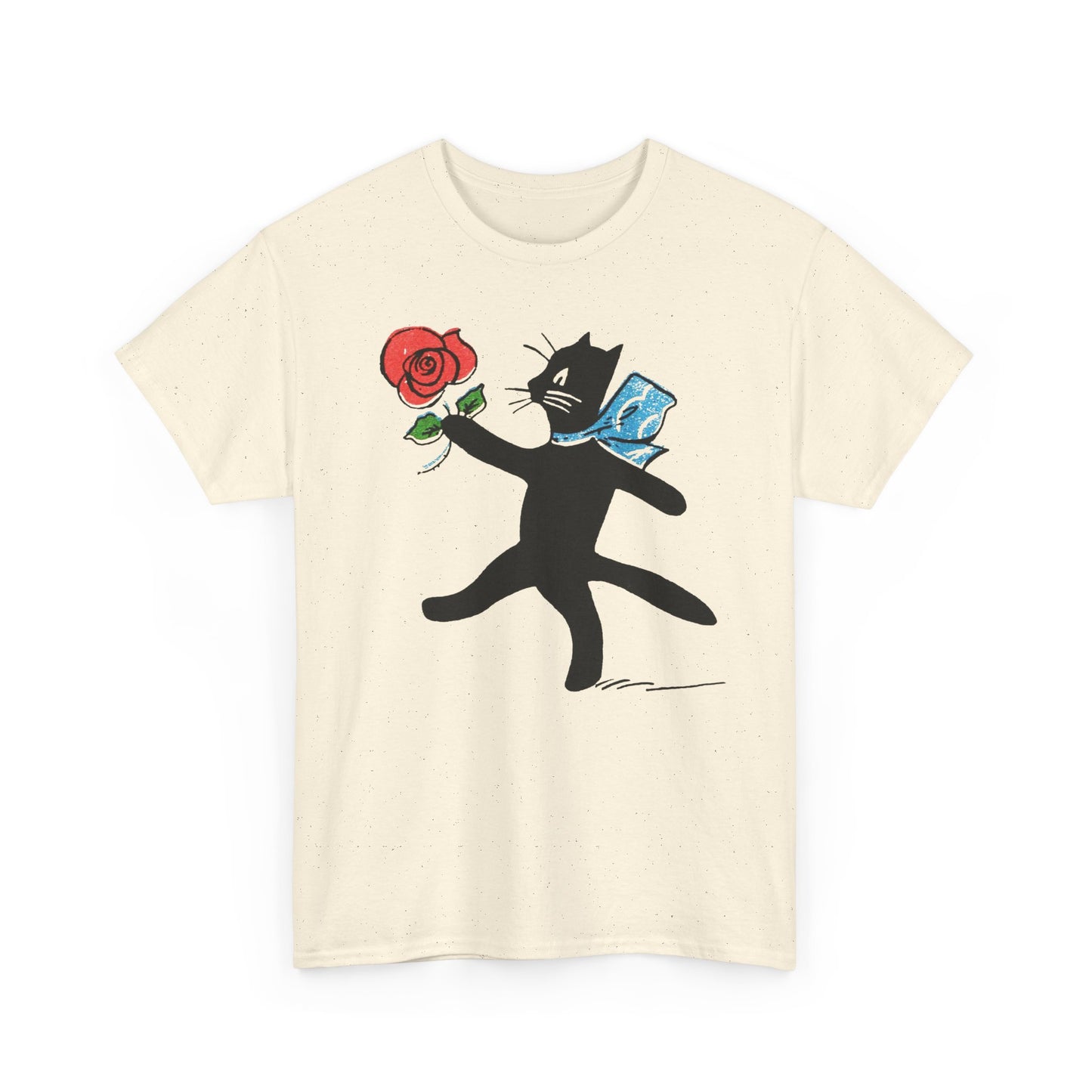 early 1900s french illustration of black cat with flower reproduction tshirt