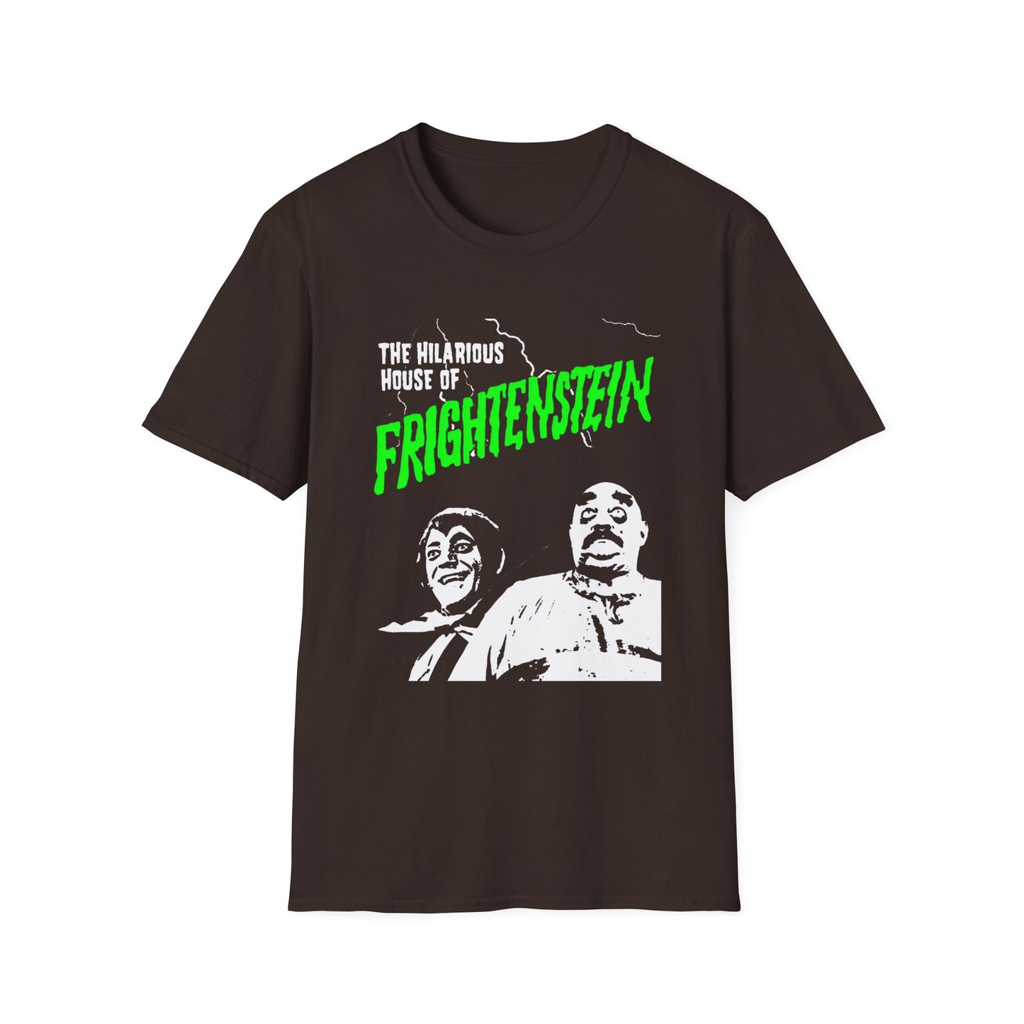 the hilarious house of frightenstein in green lettering tshirt