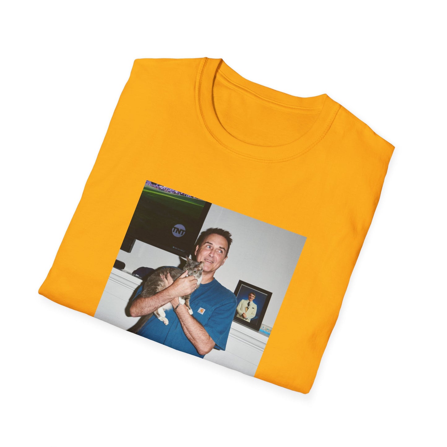 norm macdonald and his cat in front of a framed picture of steve martin close up tshirt