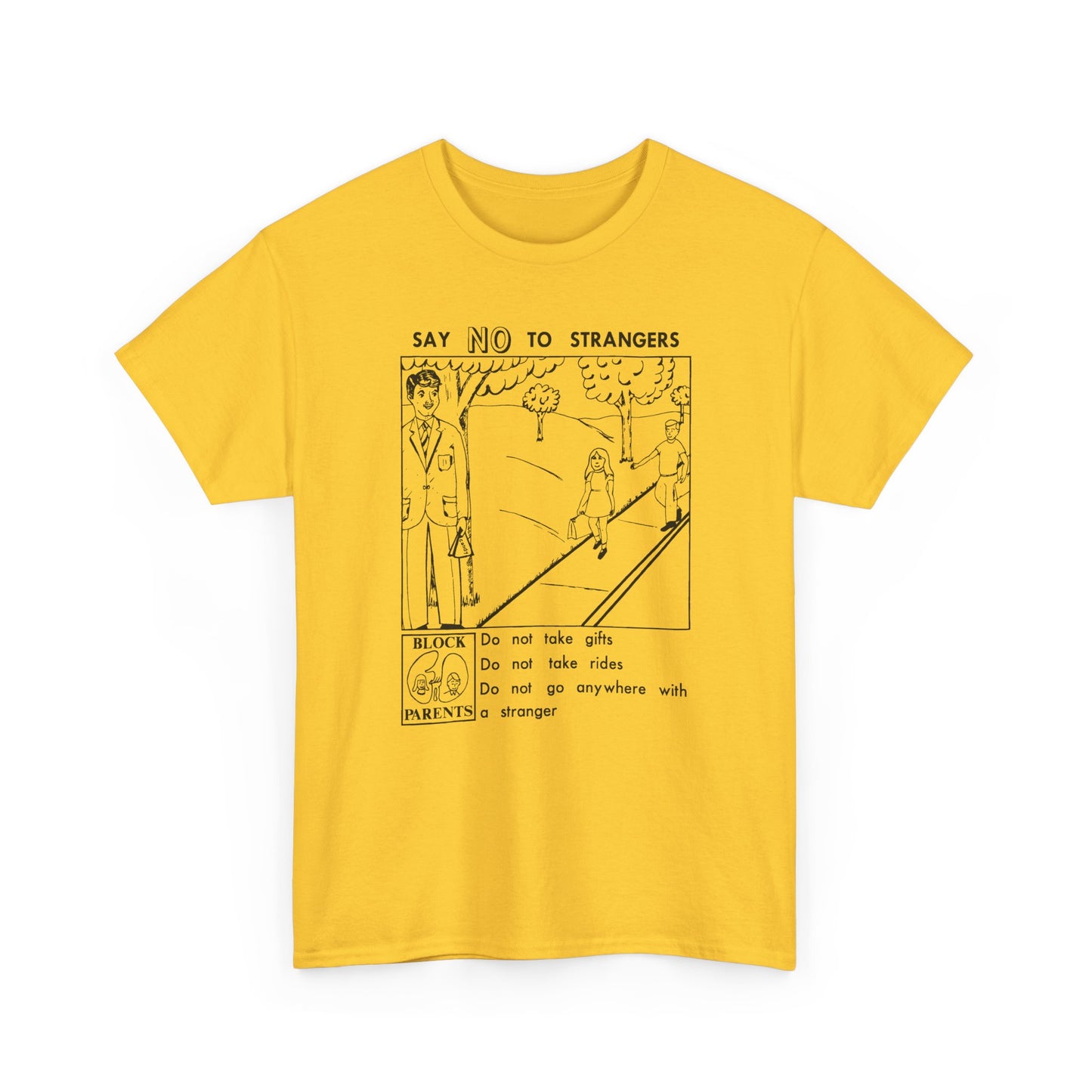 vintage block parents graphic say no to strangers reproduction tshirt