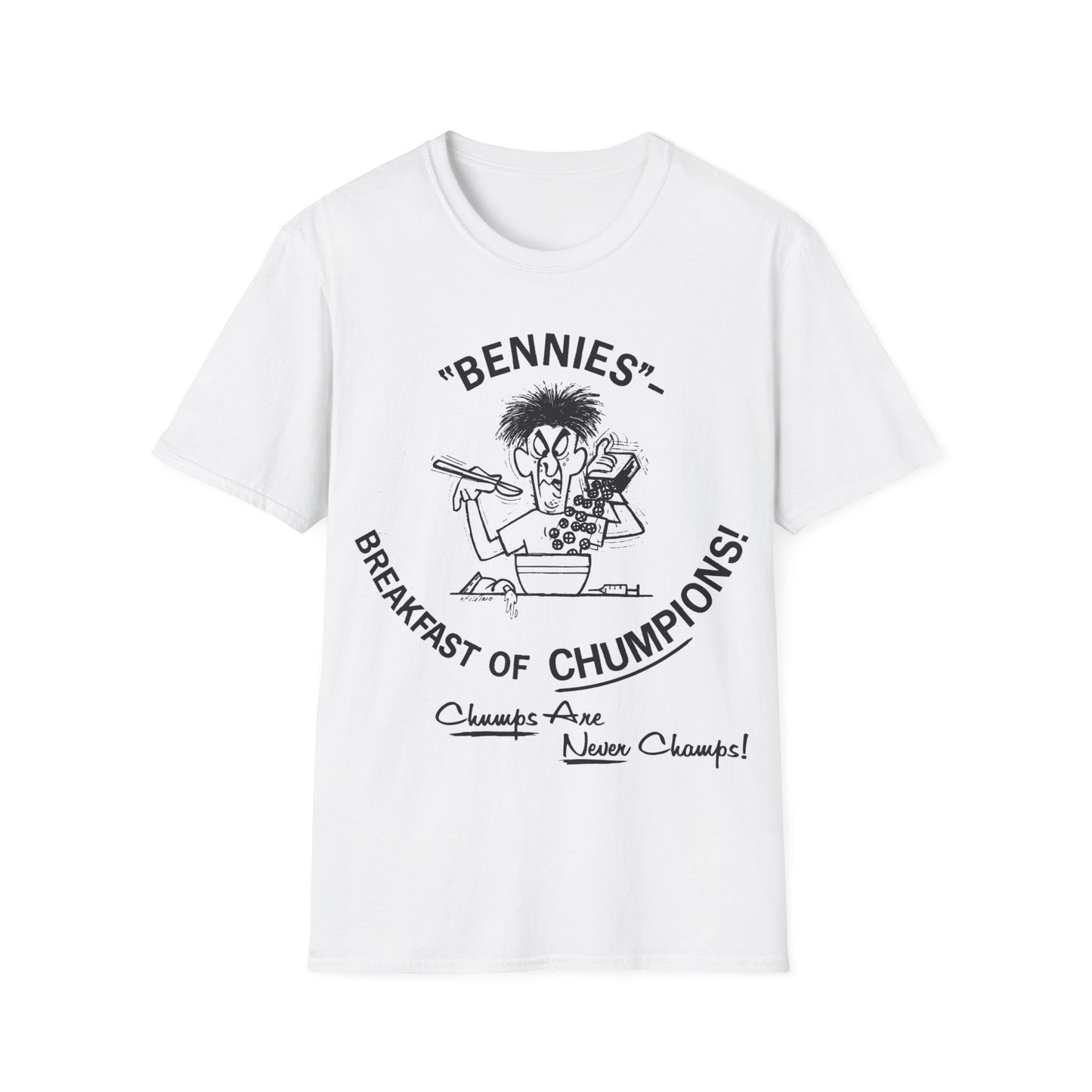 1960s/70s anti-drug poster tshirt "bennies - breakfast of chumpions! chumps are never champs!" by smartset smarteen s.o.s tshirt