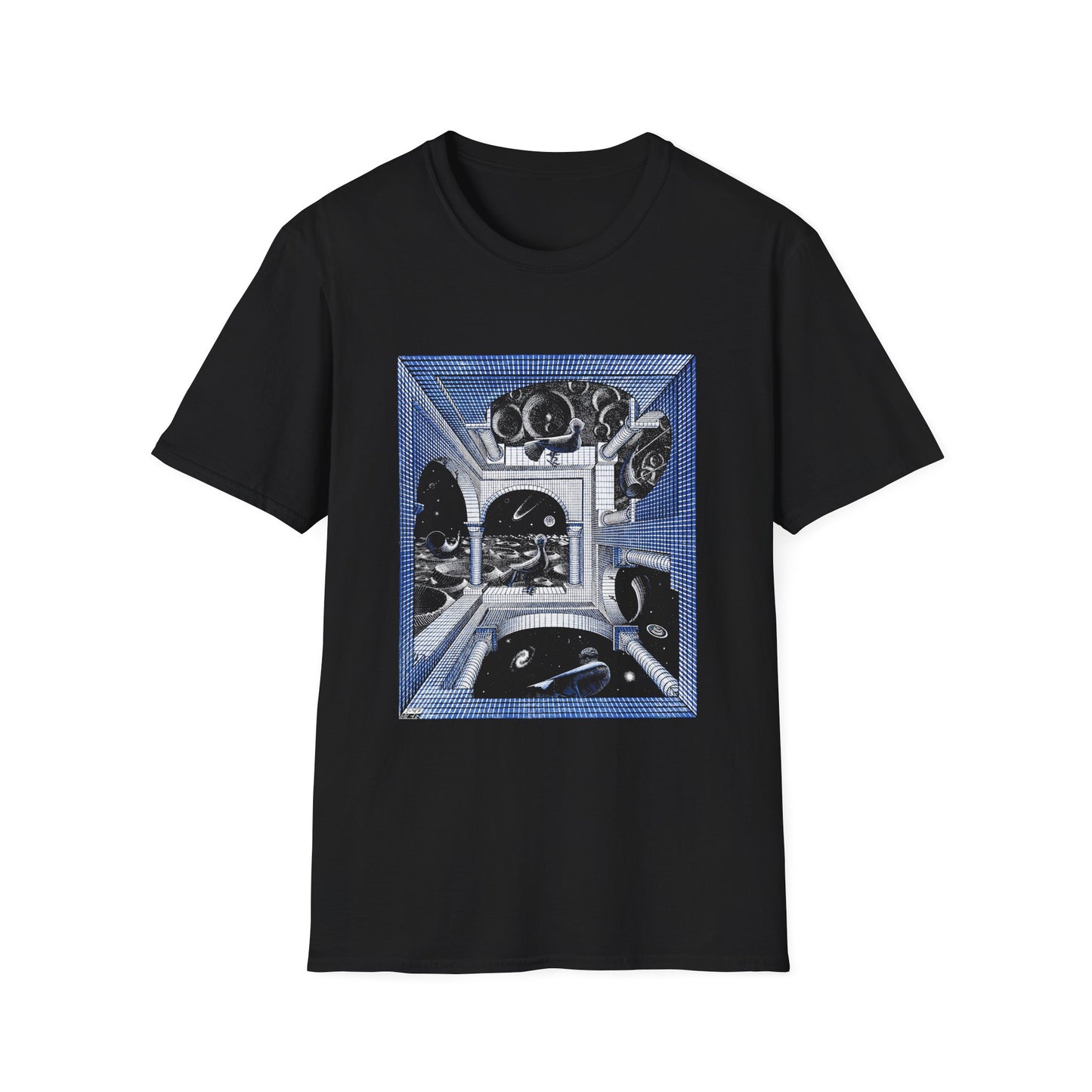1947 m.c escher another world in blue tshirt