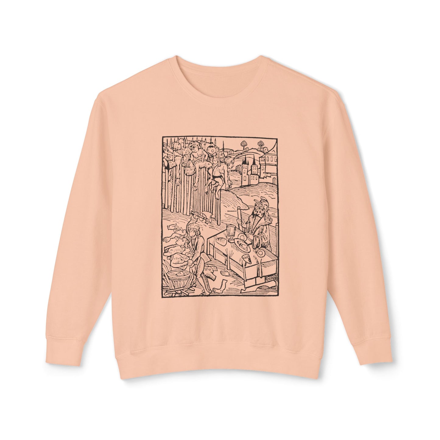 vlad the impaler dining near the mutilated bodies of his victims 1499 german woodcut by ambrosius huber 100% cotton sweatshirt