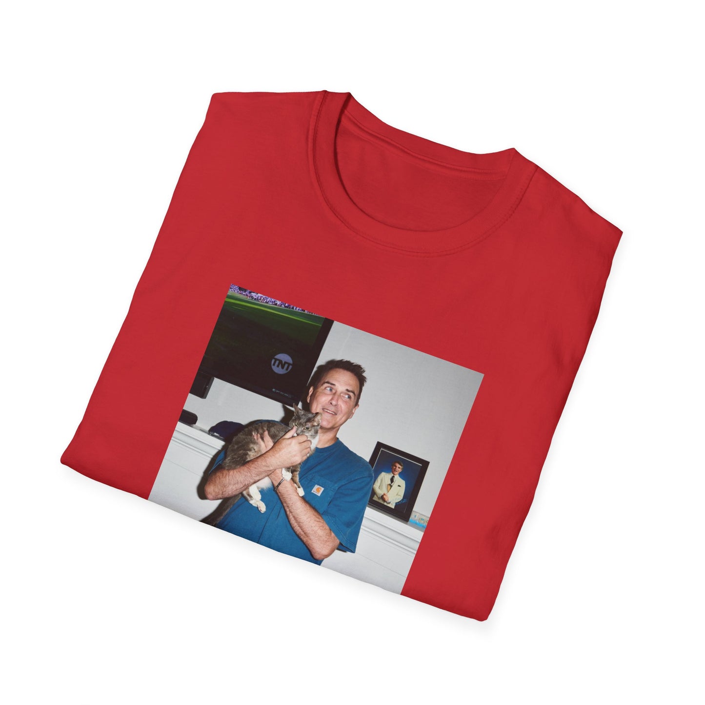 norm macdonald and his cat in front of a framed picture of steve martin close up tshirt