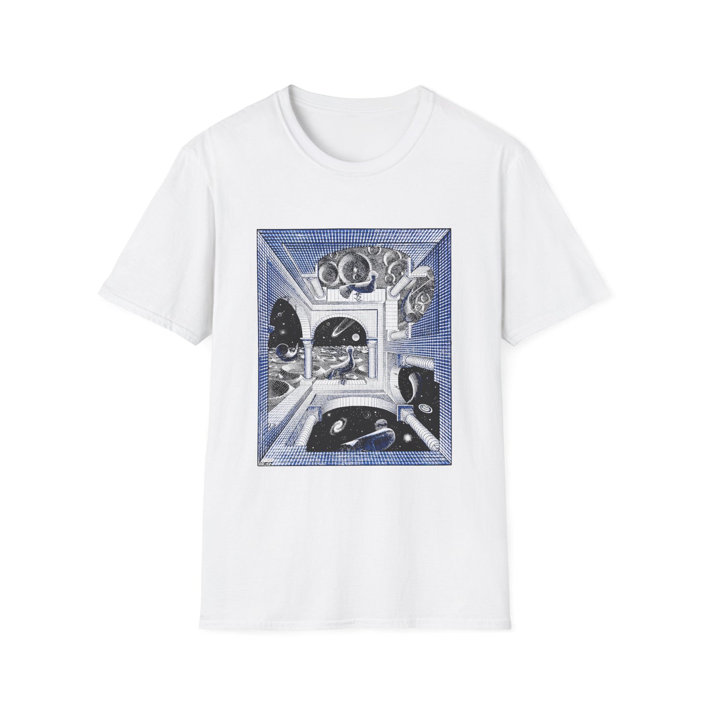 1947 m.c escher another world in blue tshirt