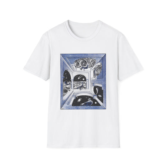 1947 m.c escher another world in blue tshirt
