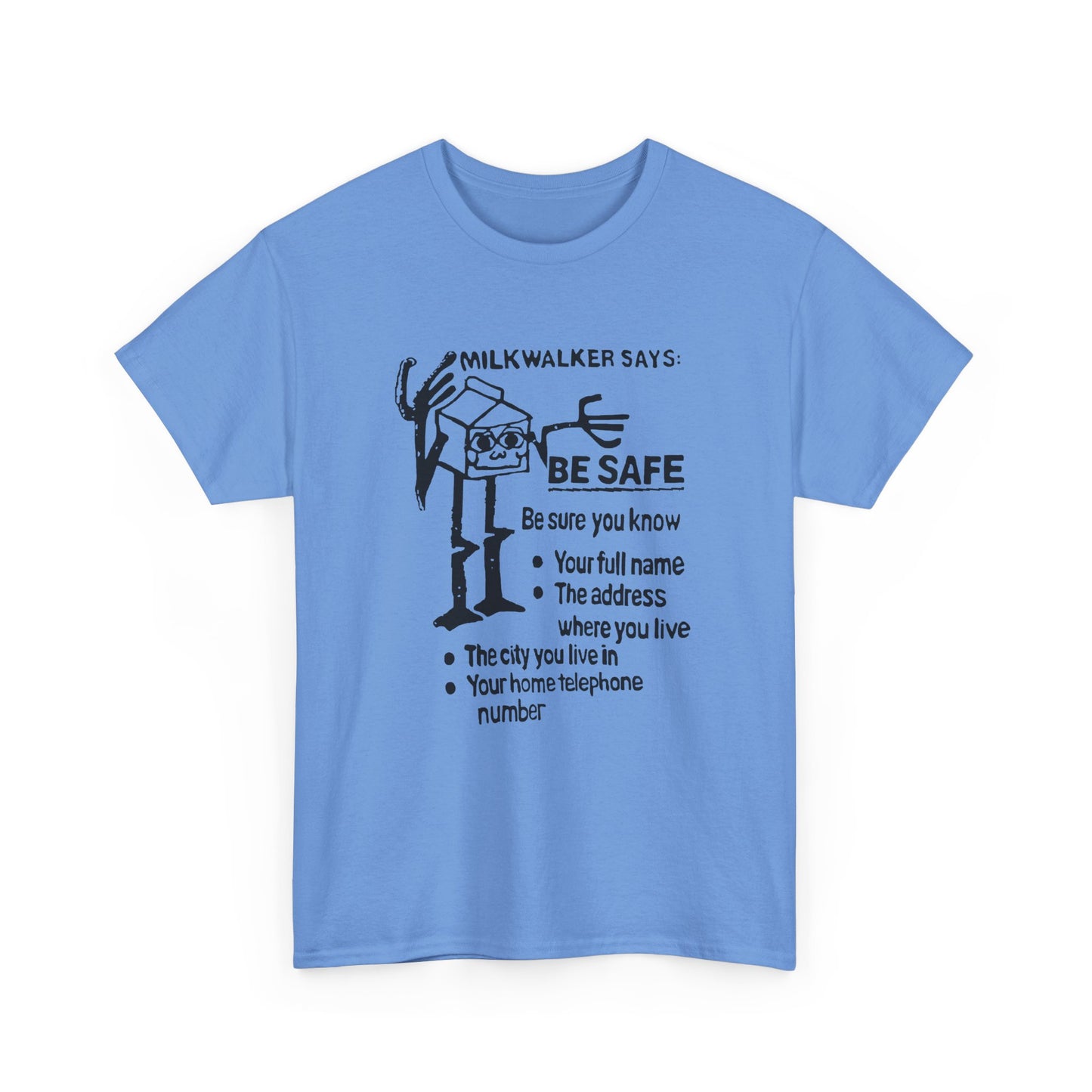 mid 80s darigold anthropomorphic milk carton safety message reproduction in black tshirt