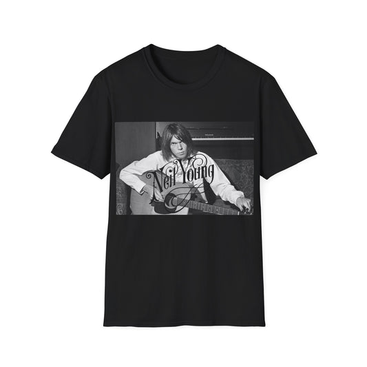 young neil young playing his acoustic guitar tshirt